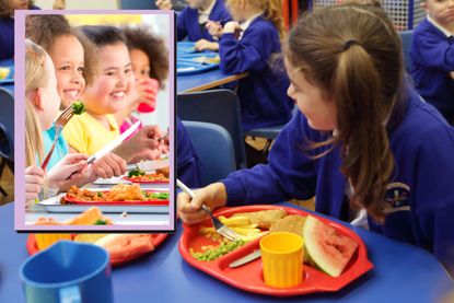 School children eating their dinner at the table and drop in of pre-shool children eating school dinner