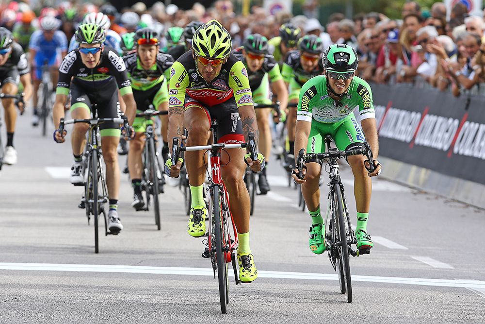 Filippo Pozzato crosses the finish line in Memorial Marco Pantani
