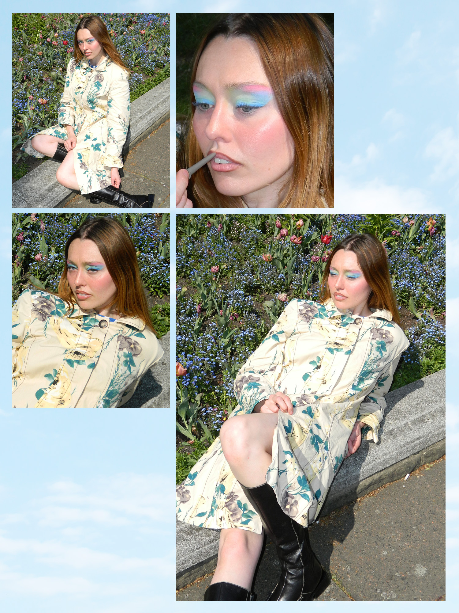 Emily Wood with multicolored lids, floral jacket, and Miista Pats Raw Black Boots.