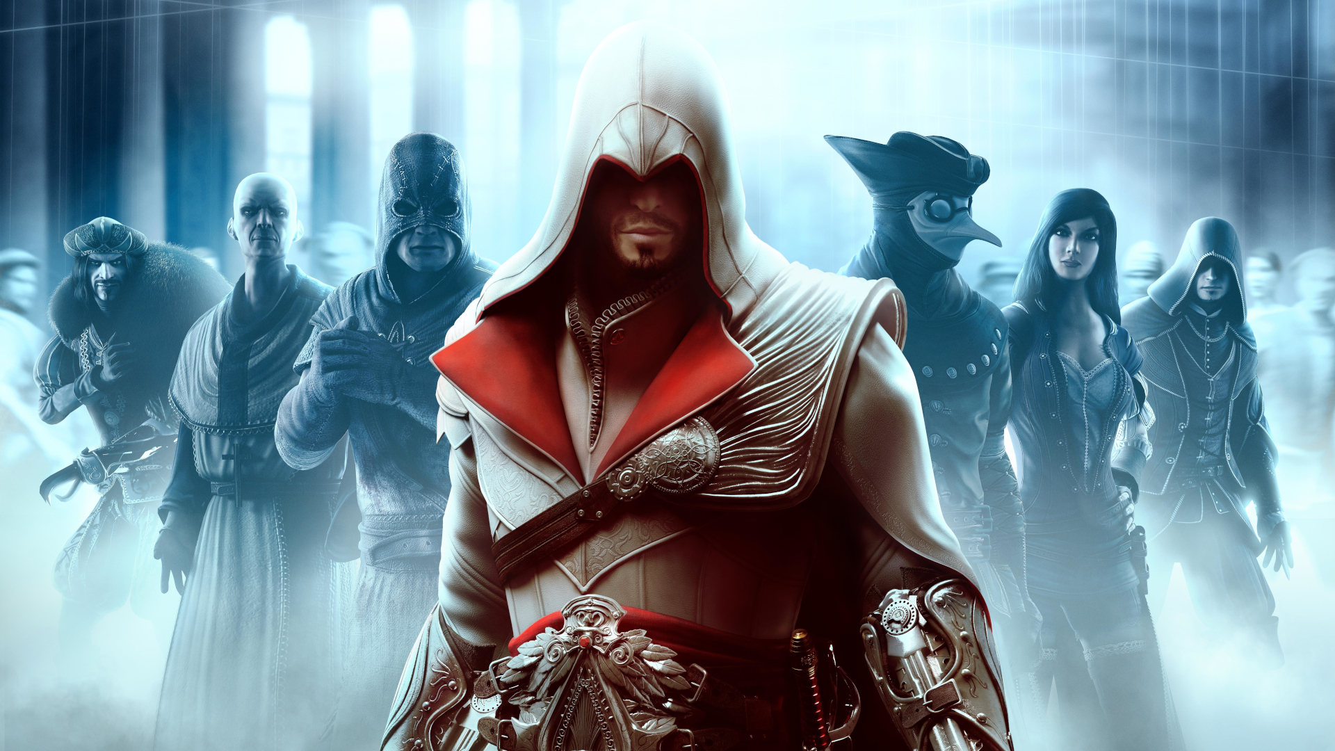 Ezio in Assassin's Creed Brotherhood standing in front of a line of other assassins