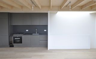 Grey kitchen with white walls