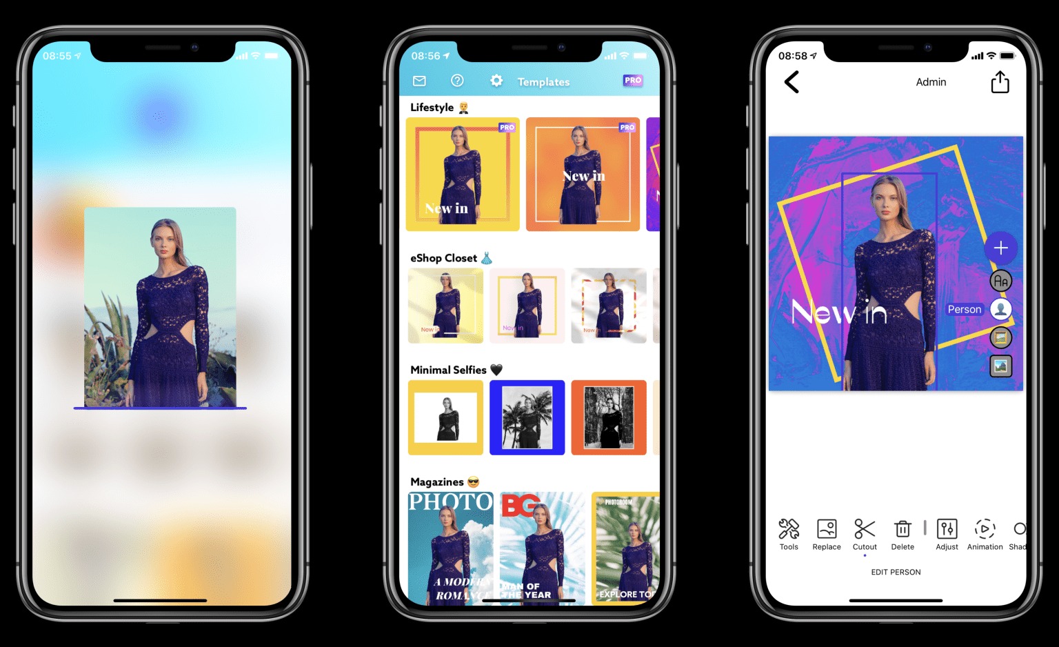 Screenshots of Photoroom AI-powered background-removal photo editing app