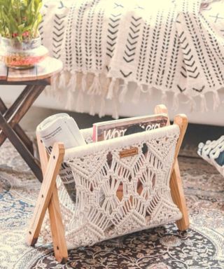 A macrame storage basket in a living room