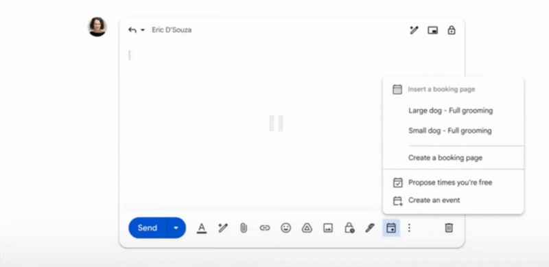 Gmail and Google Calendar booking feature