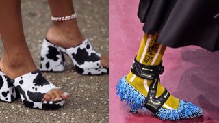 two shots of women wearing shoes with creative heels