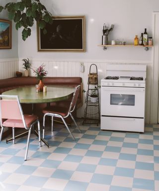 blue and white checkerboard floor