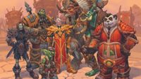 Art from Dungeons & Dragons: World of Warcraft. Several Horde characters stand together in the arid capital city of Orgrimmar.