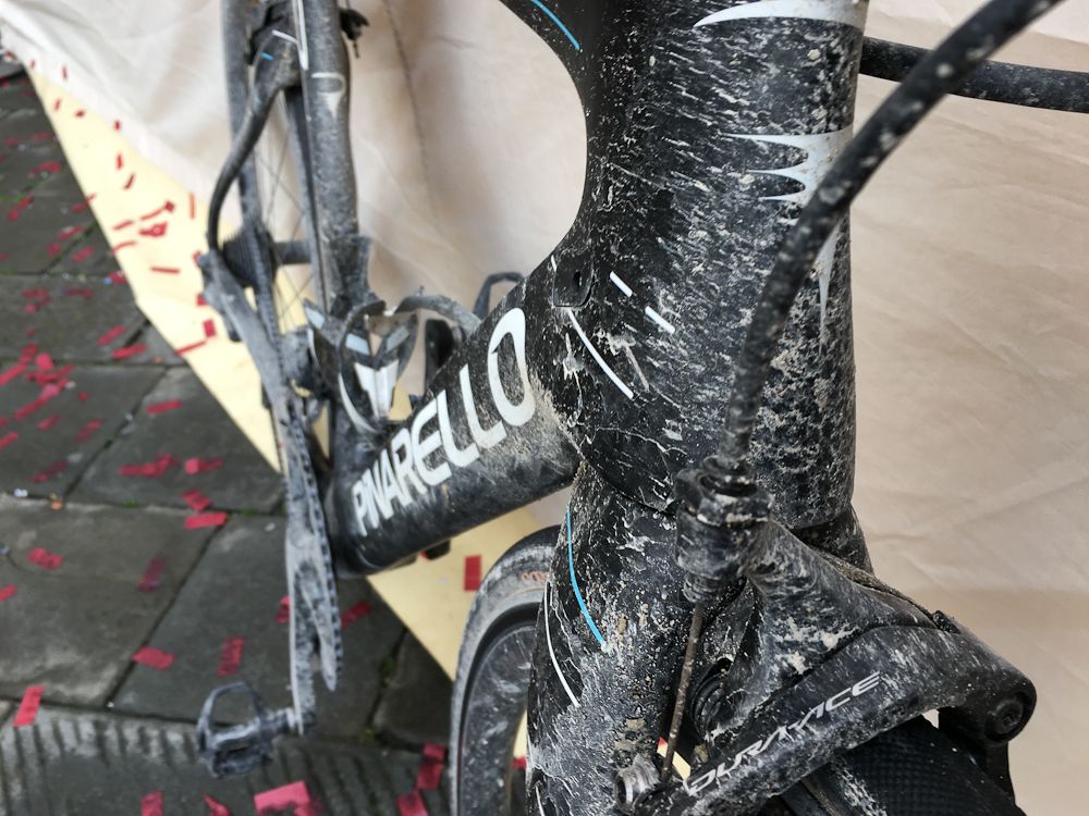 A close up of the head tube on Kwiatkowski's F10 after Strade Bianche