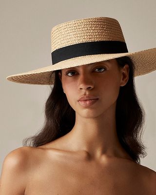 Wide Brim Boater Hat with Ribbon Tie