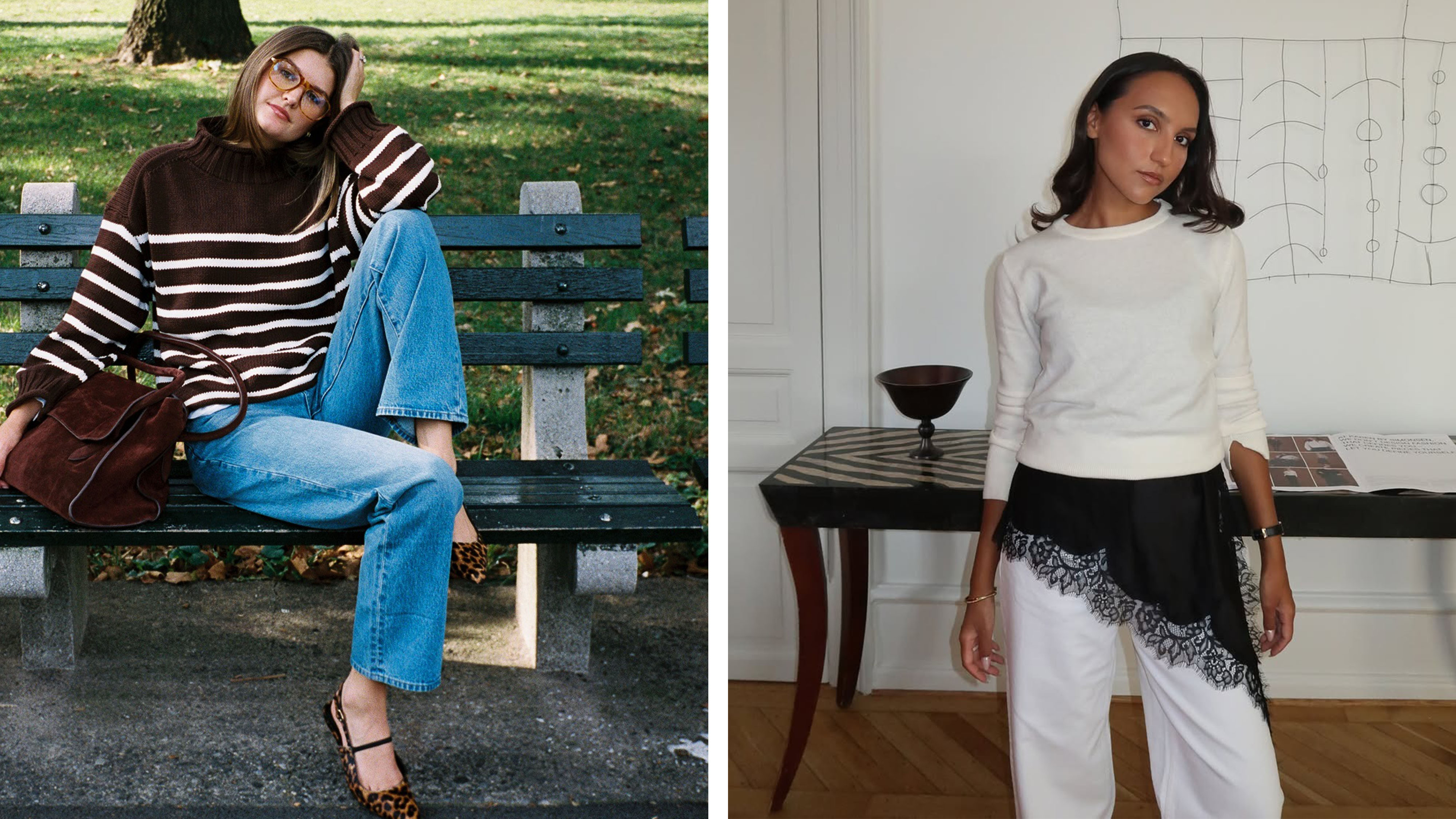 Woman in dark brown striped sweater; woman in a brown lace slip with white jeans and a white sweater