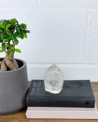 crystal on top of stack of books next to plant