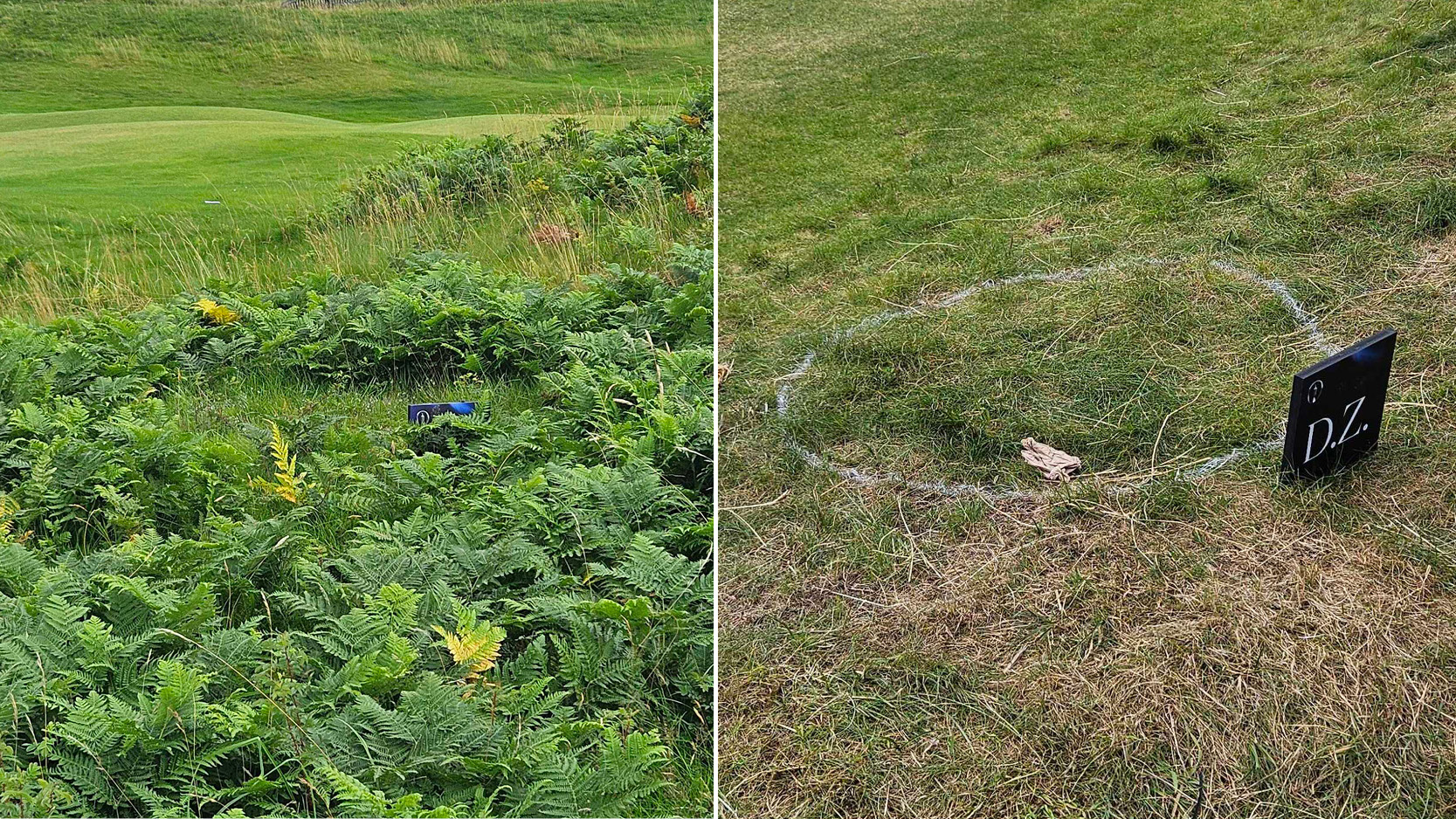 A drop zone on the 18th at Royal Portrush during the 2025 Open (left) and a view of another drop zone at the 15th (right)
