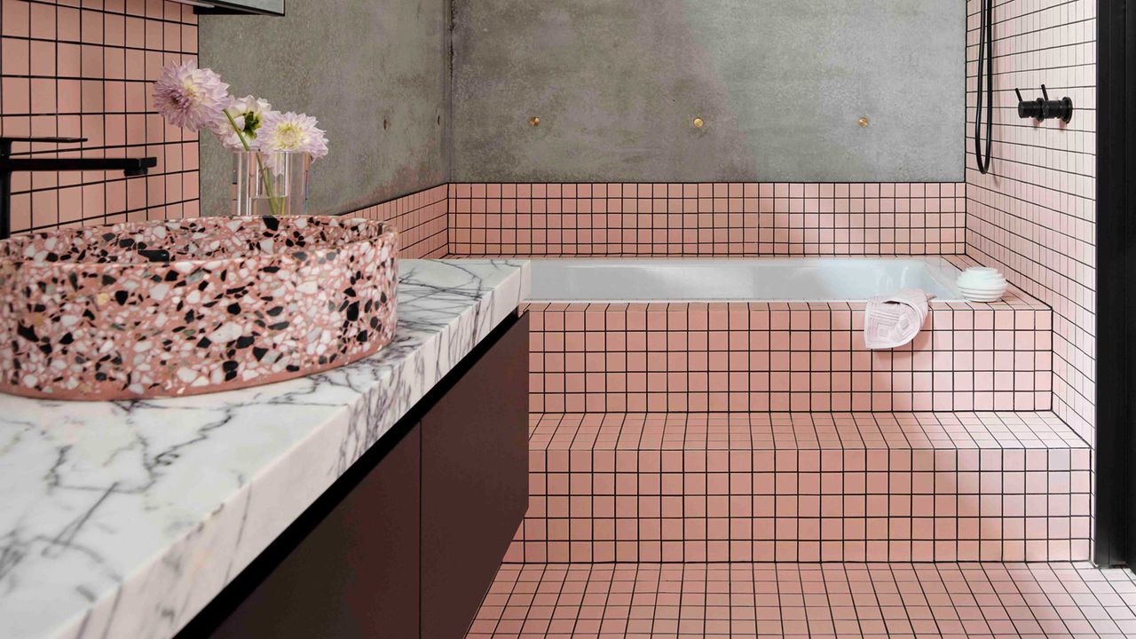 pink built in bathtub