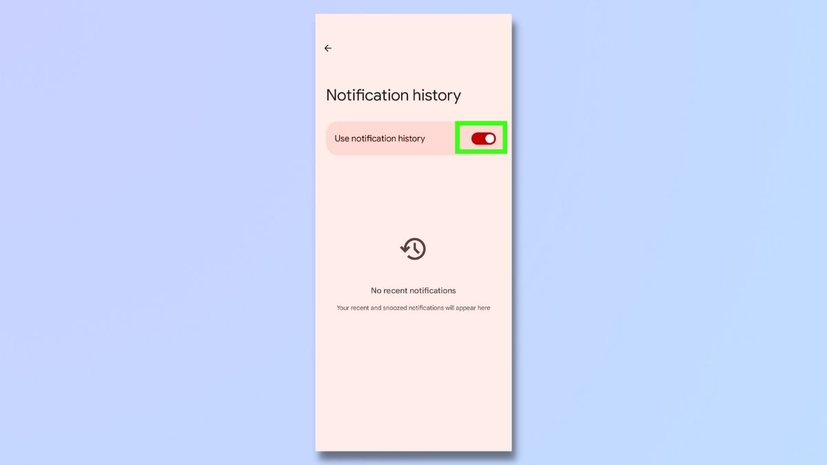 снимок экрана, показывающий, как включить и получить доступ к истории уведомлений на Android. Включите использование истории уведомлений.