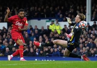 Watford’s Joshua King scores their side’s third goal of the game during the Premier League match at Goodison Park, Liverpool. Picture date: Saturday October 23, 2021