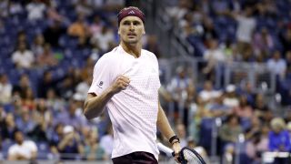 Alexander Zverev of Germany reacts against Lorenzo Sonego of Italy during their Men's Singles First Round match on Day Three of the 2026 US Open 
