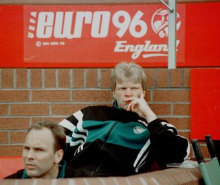Oliver Kahn watches Germany's game against Croatia from the bench at Euro 96.