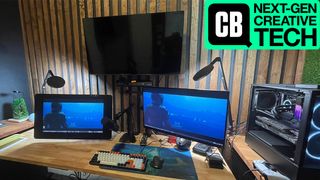 A home studio setup with computer screens