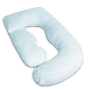 A Queen Rose U-shaped Pregnancy pillow in sky blue on a white background