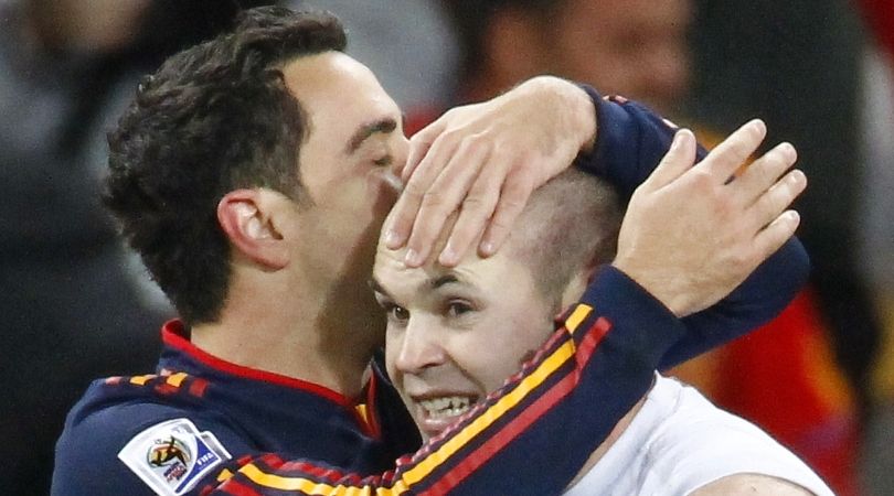 Xavi and Andres Iniesta celebrate after the latter&#039;s goal for Spain against the Netherlands in the 2010 World Cup final.