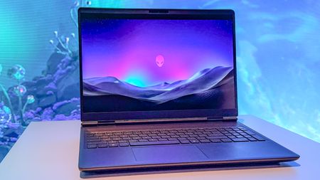 Alienware 16 Area-51 laptop on a stand.