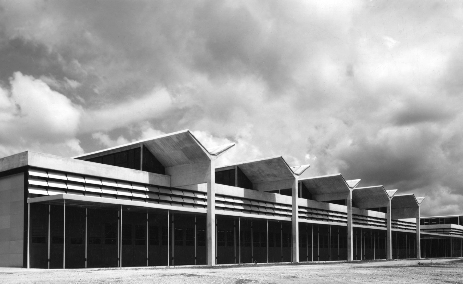 Building in Ghana in black and white against the sky