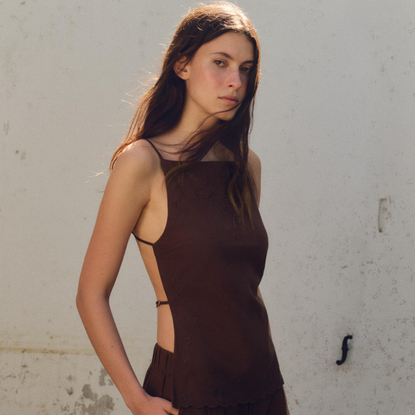 Zara EMBROIDERED OPEN BACK TOP in brown