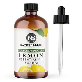 A brown glass bottle of Naturobliss 100% Pure Lemon Essential Oil Therapeutic Grade Premium Quality With Glass Dropper and white label