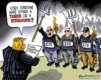 Political Cartoon U.S. Trump ICE Mob Torch and Pitchfork