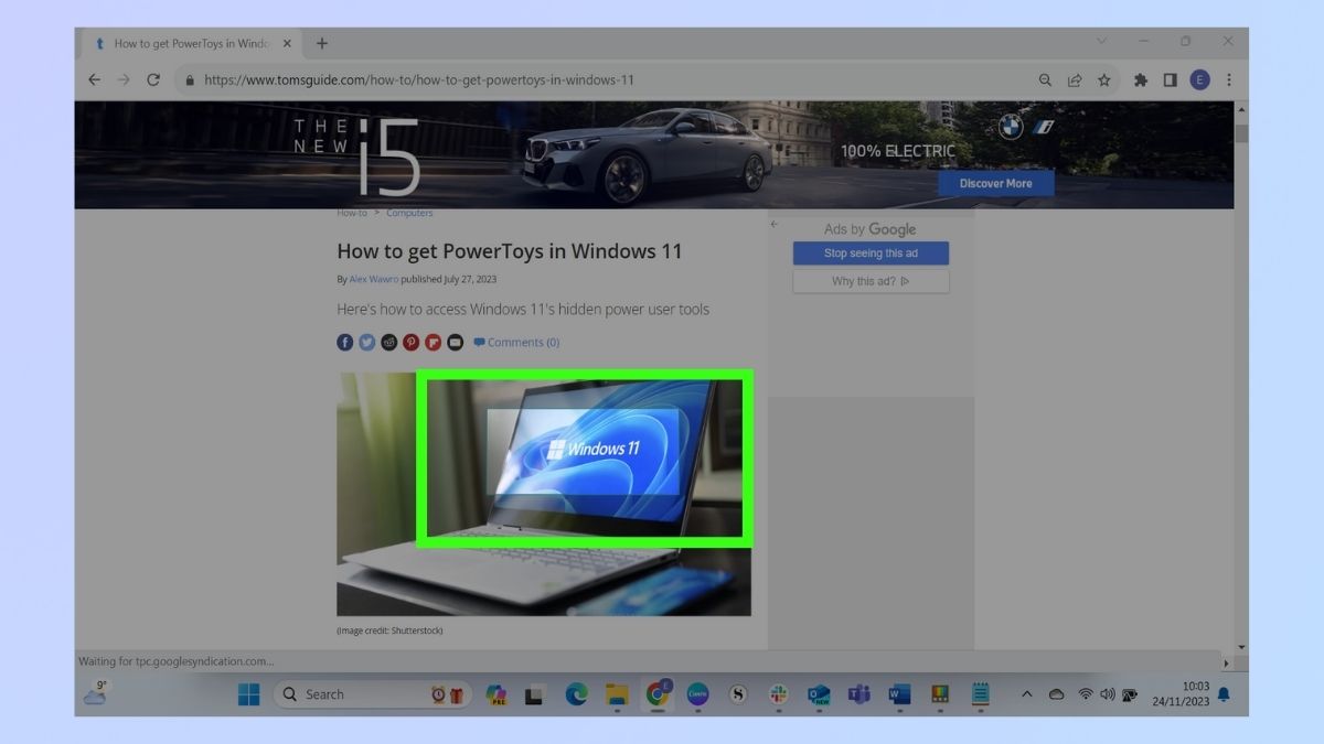 Снимок экрана, показывающий, как использовать экстрактор текста PowerToys в Windows 11 — выберите фрагмент