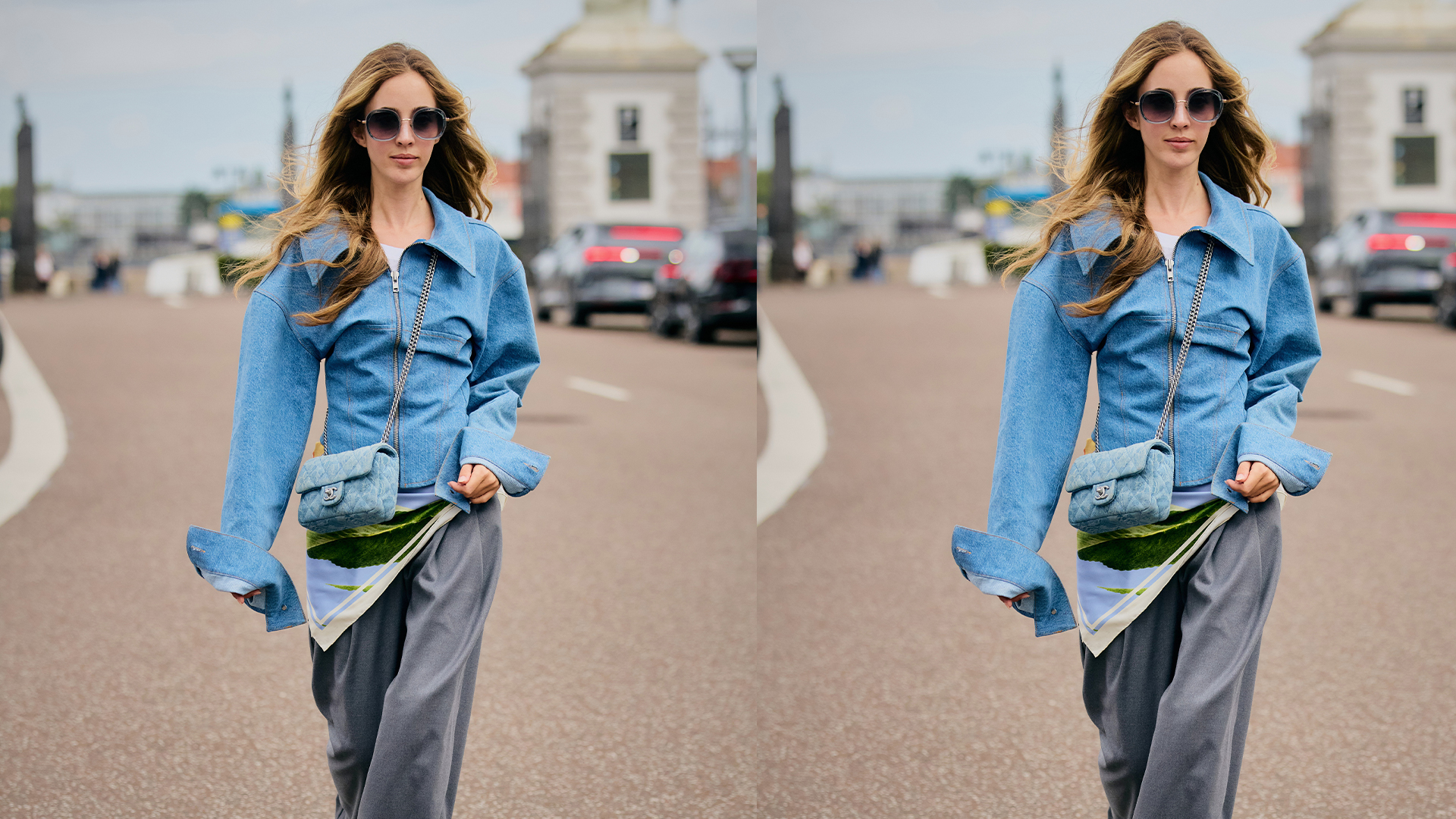 Woman wears denim jacket, gray trousers, scarf, and heels. 