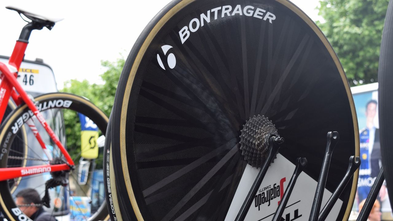 It appeared Trek-Segafredo stickered up a Lightweight Autobahn wheel with Bontrager branding