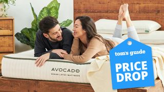 A man and a woman with dark hair lie on the Avocado vegan latex mattress