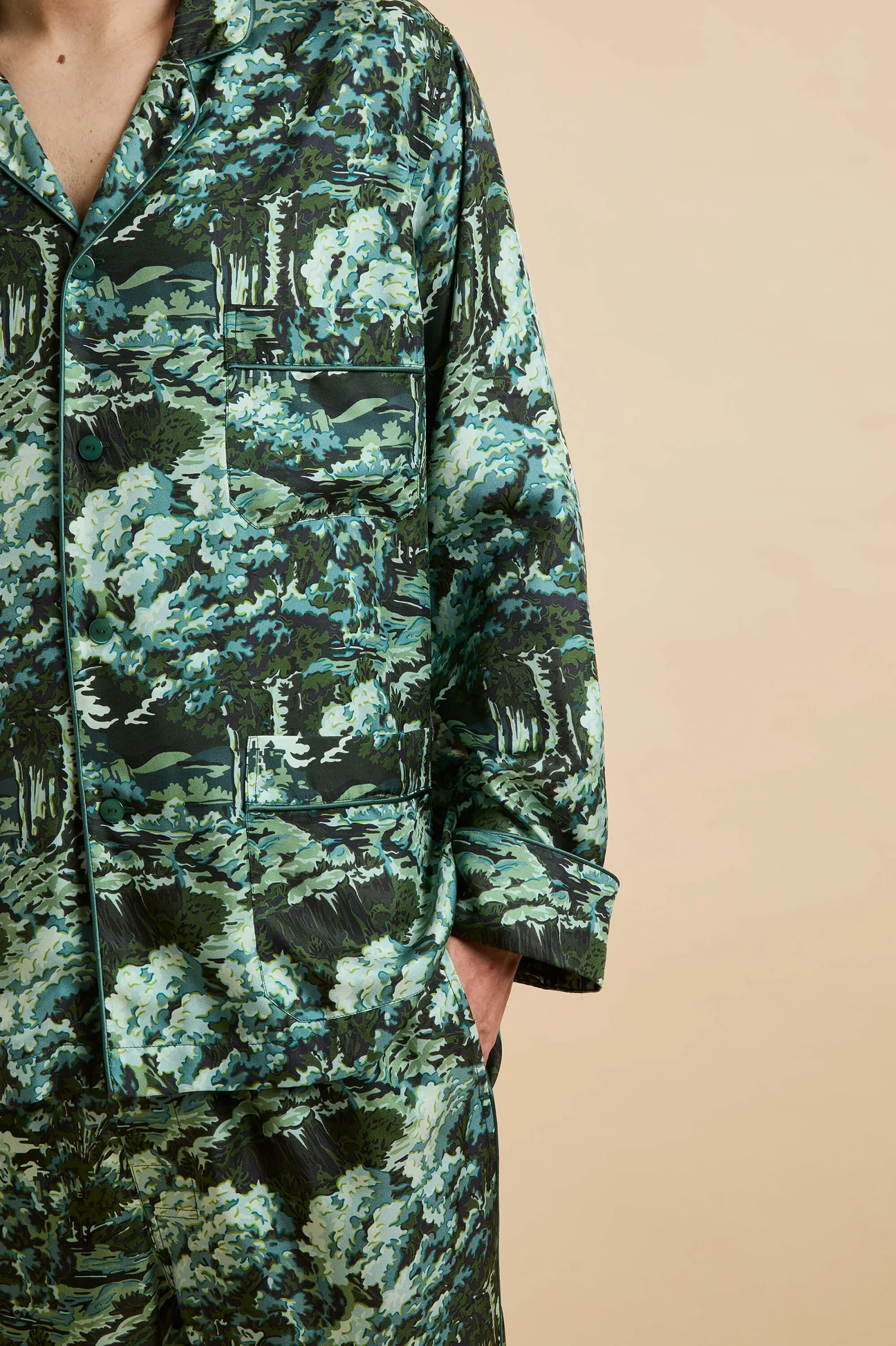 Olivia von Halle, Laurent Linden Green Forest Pajamas in Silk Twill