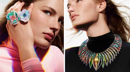 Woman wearing holographic rock crystal flower rings and a rainbow coloured necklace