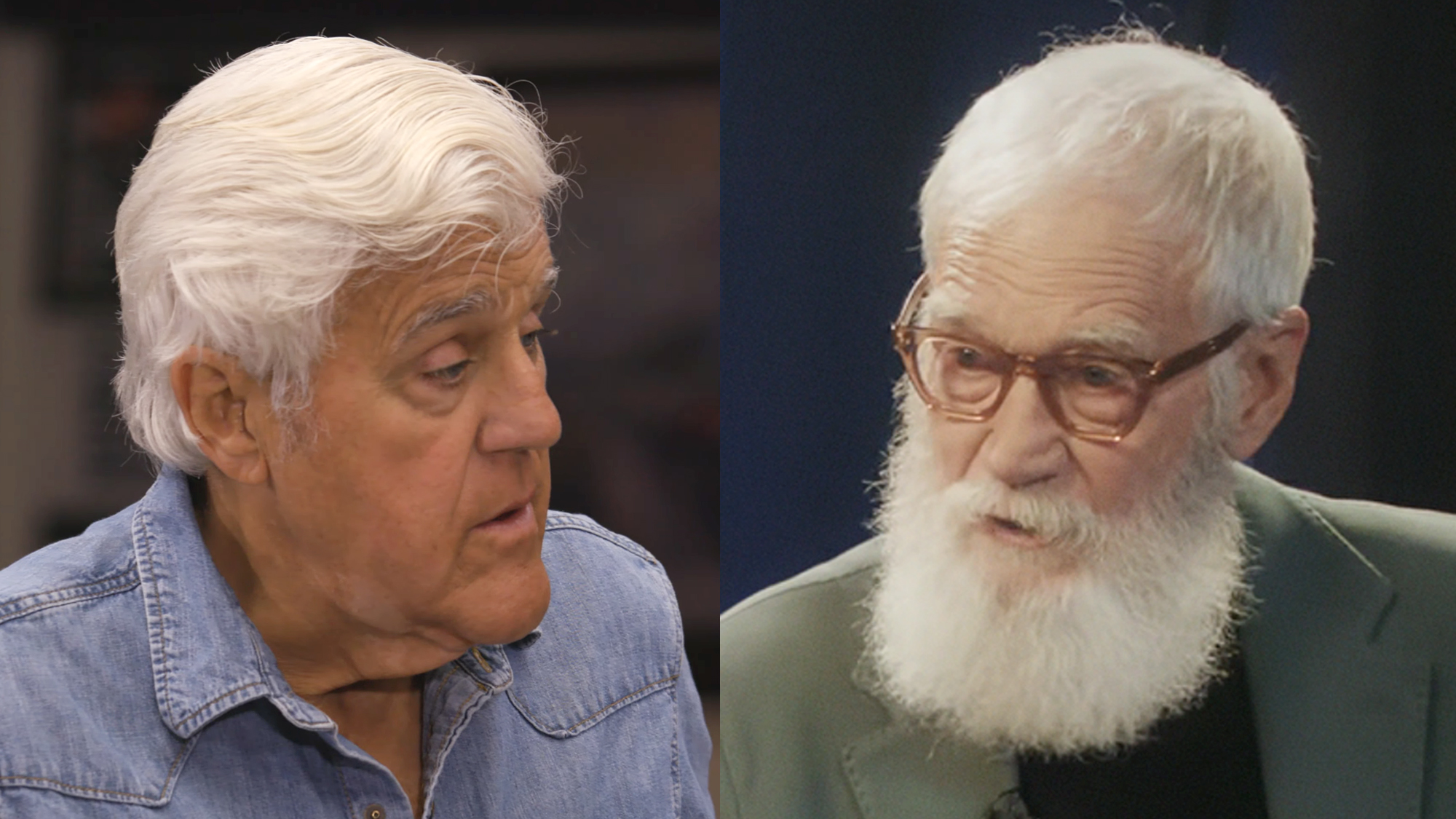 Jay Leno wearing denim in his show Jay Leno's Garage (2026), David Letterman with a large beard and olive opened jacket suit hosting his show My Next Guest Needs no Introduction (2025).