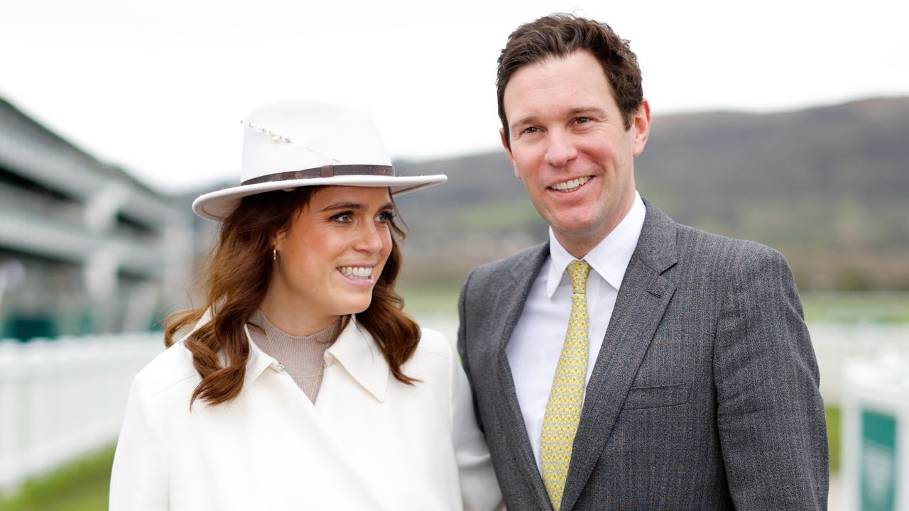 Princess Eugenie and Jack Brooksbank attend day 2 &#039;Style Wednesday&#039; of the Cheltenham Festival at Cheltenham Racecourse on March 13, 2024 in Cheltenham, England. 