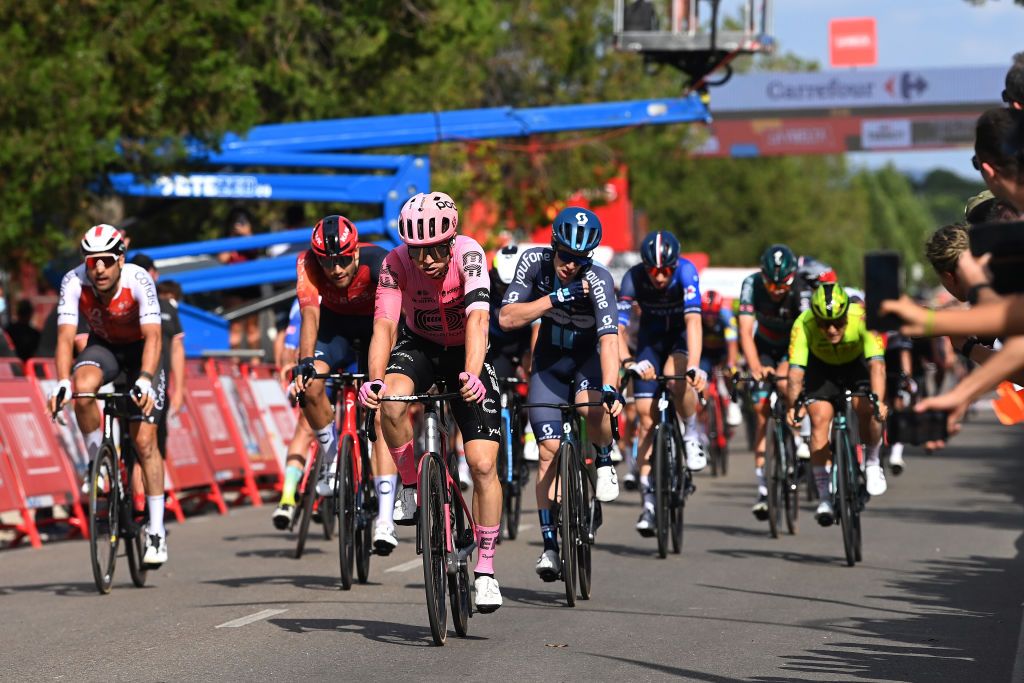 SCAR SPAIN SEPTEMBER 15 LR Egan Bernal of Colombia and Team INEOS Grenadiers Marijn Van Den Berg of The Netherlands and Team EF EducationEasyPost and Alberto Dainese of Italy and Team DSM Firmenich cross the finish line during the 78th Tour of Spain 2023 Stage 19 a 1771km stage from La Baeza to scar UCIWT on September 15 2023 in scar Spain Photo by Tim de WaeleGetty Images