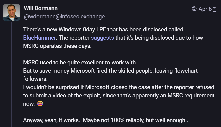 Will Dormann confirming BlueHammer works
