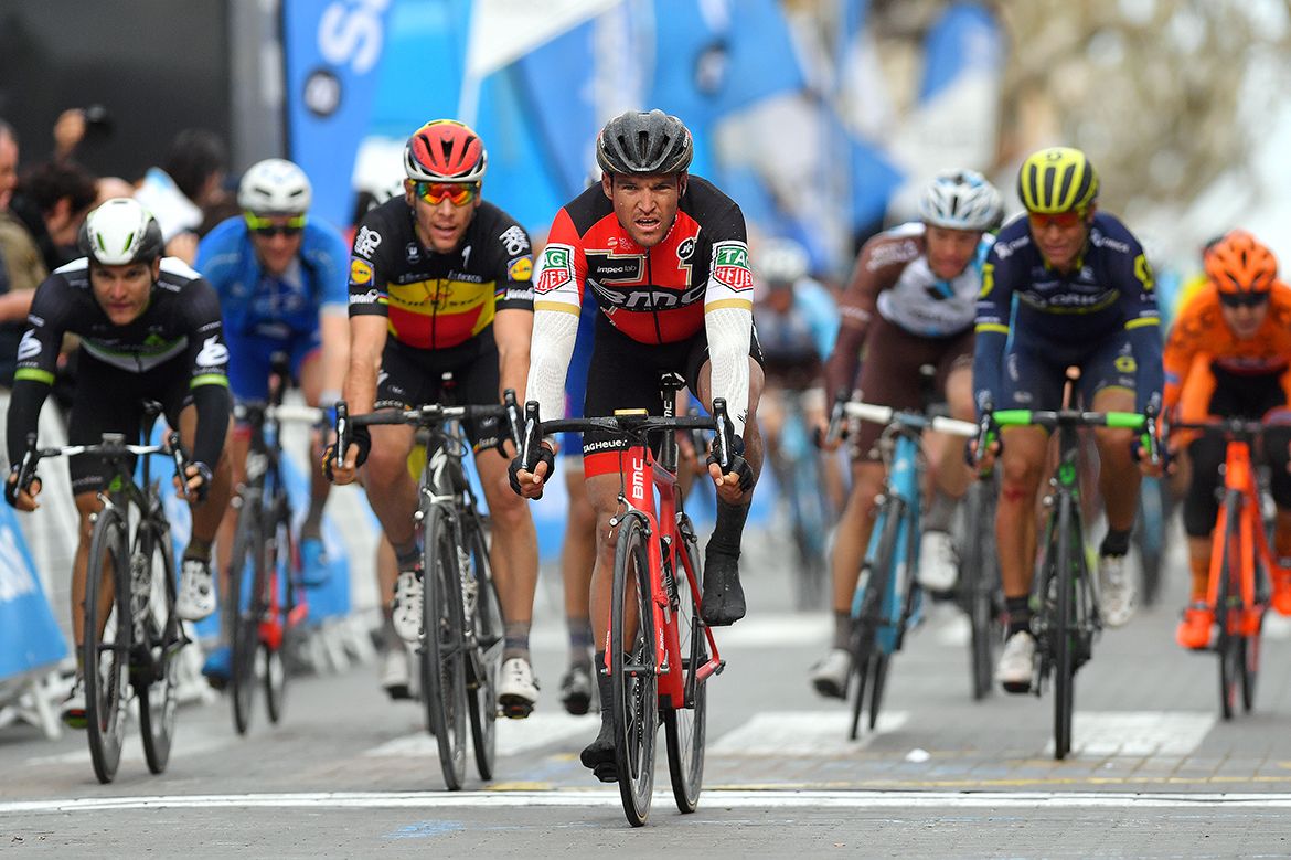 Greg Van Avermaet (BMC) leads the chasing group to the line