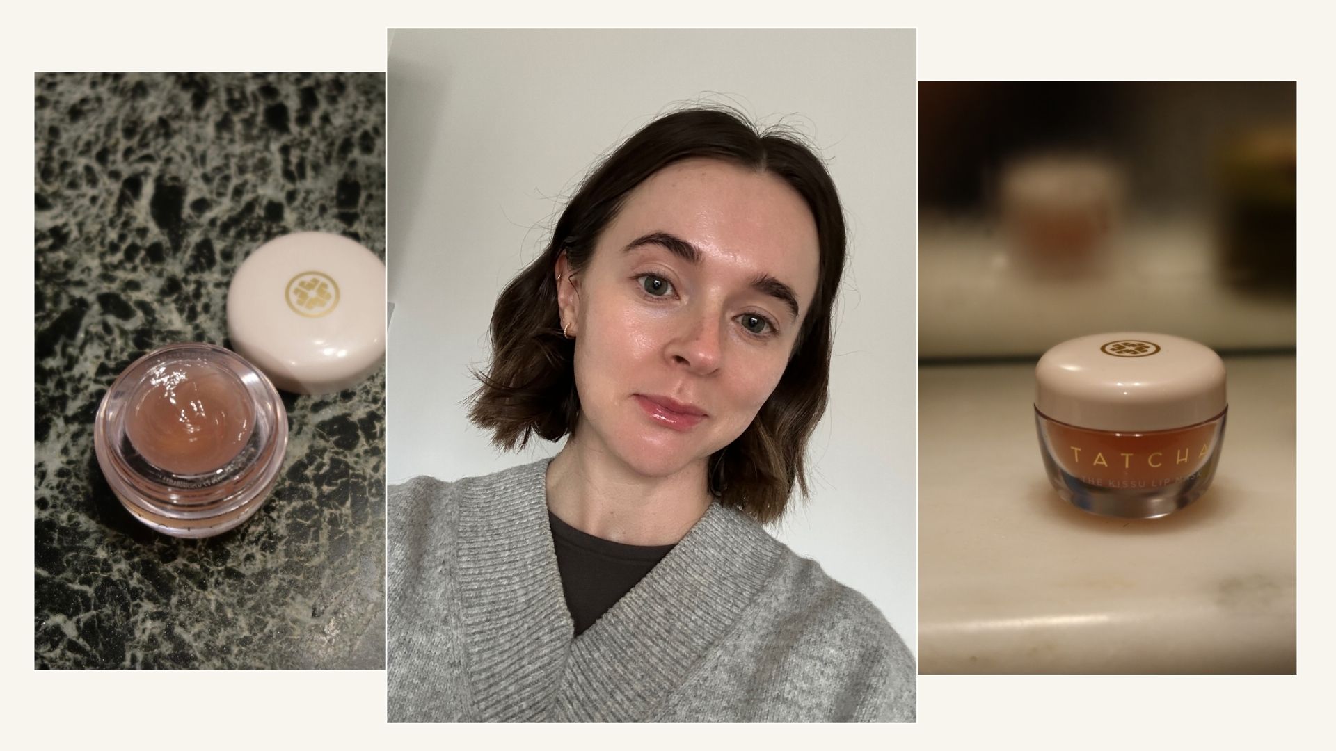 A collage with photos of the tatcha kissu lip mask and a selfie of Grace Day