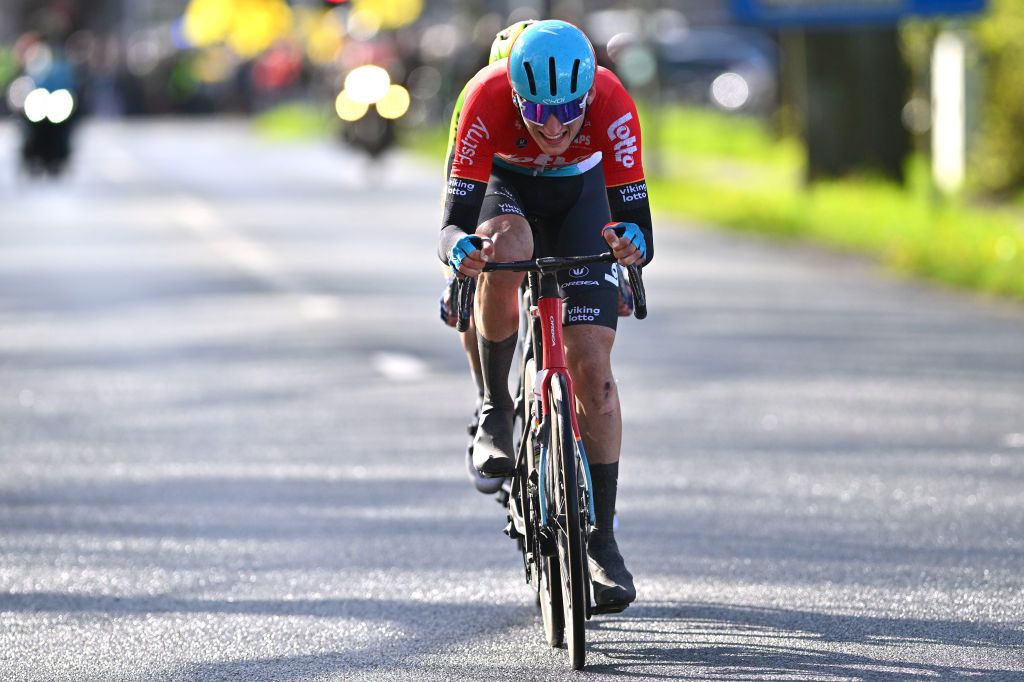 SCHOTEN BELGIUM APRIL 03 Liam Slock of Belgium and Team Lotto Dstny competes in the breakaway during the 112th Scheldeprijs 2024 Mens Elite a 2053km one day race from Terneuzen to Schoten on April 03 2024 in Schoten Belgium Photo by Luc ClaessenGetty Images