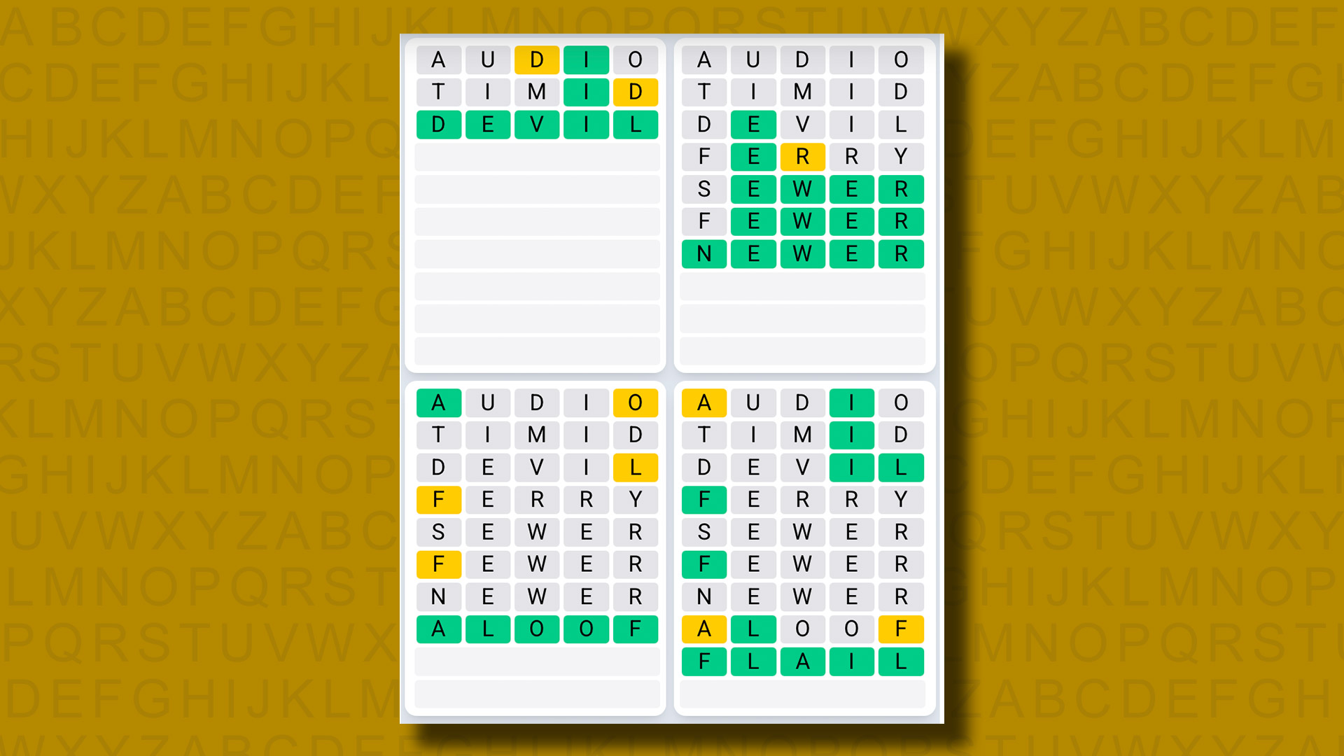 Quordle Daily Sequence answers for game 1140 on a yellow background