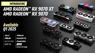 AMD Radeon RX 9070 series graphic with various GPU models on grey backdrop, release date info, and brands