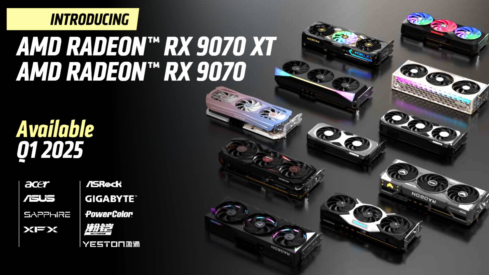 AMD Radeon RX 9070 series graphic with various GPU models on grey backdrop, release date info, and brands