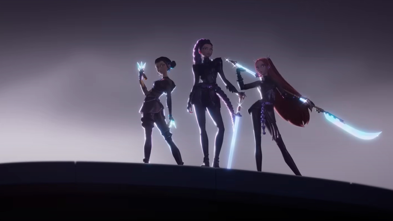 KPOP dēmonu mednieku vadošais trio, kas tur ieročus