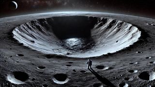 An illustration of an astronaut wearing white standing on the edge of a giant crater on the moon