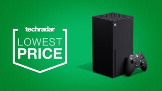 Xbox Series X on a green background next to techradar deals lowest price badge