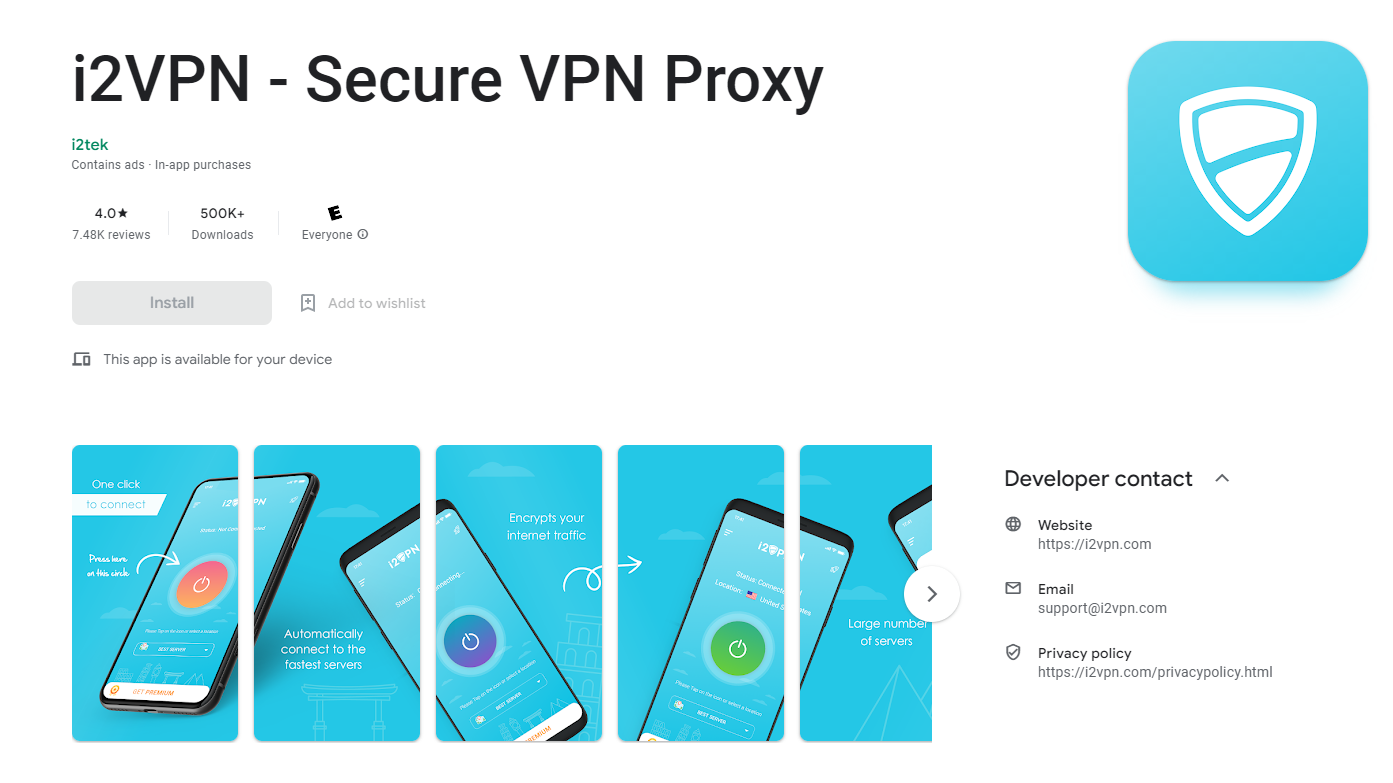 Screenshot of i2VPN app page on Google Play store