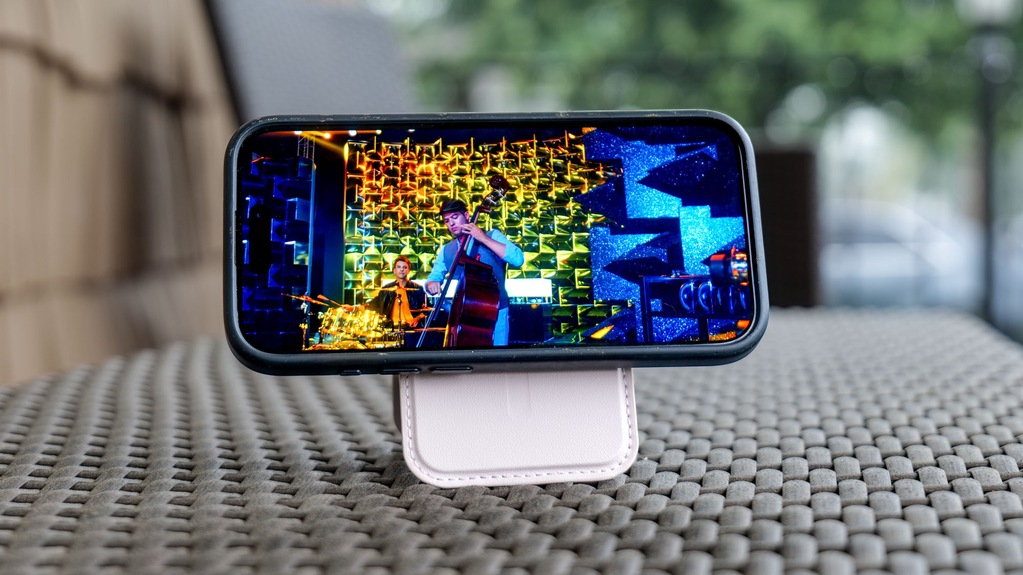 ESR Aura MagSafe Wallet used as a phone stand.